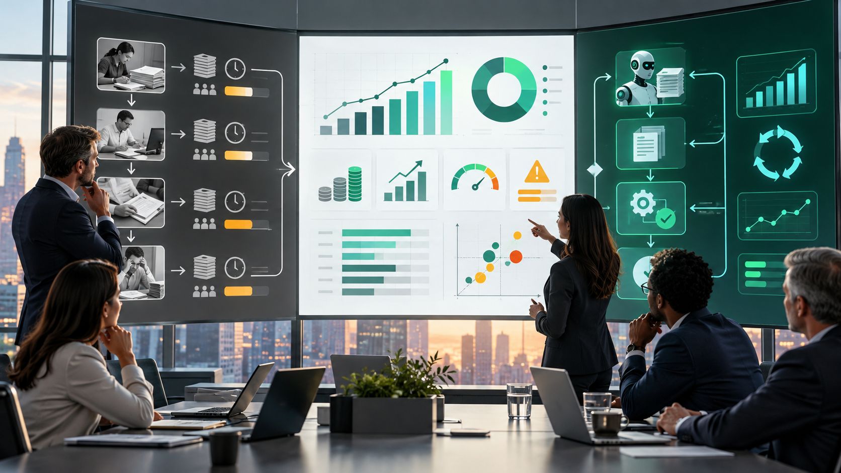 Business leaders evaluating AI automation ROI with baseline costs, opportunity scoring and benefit measurement dashboards