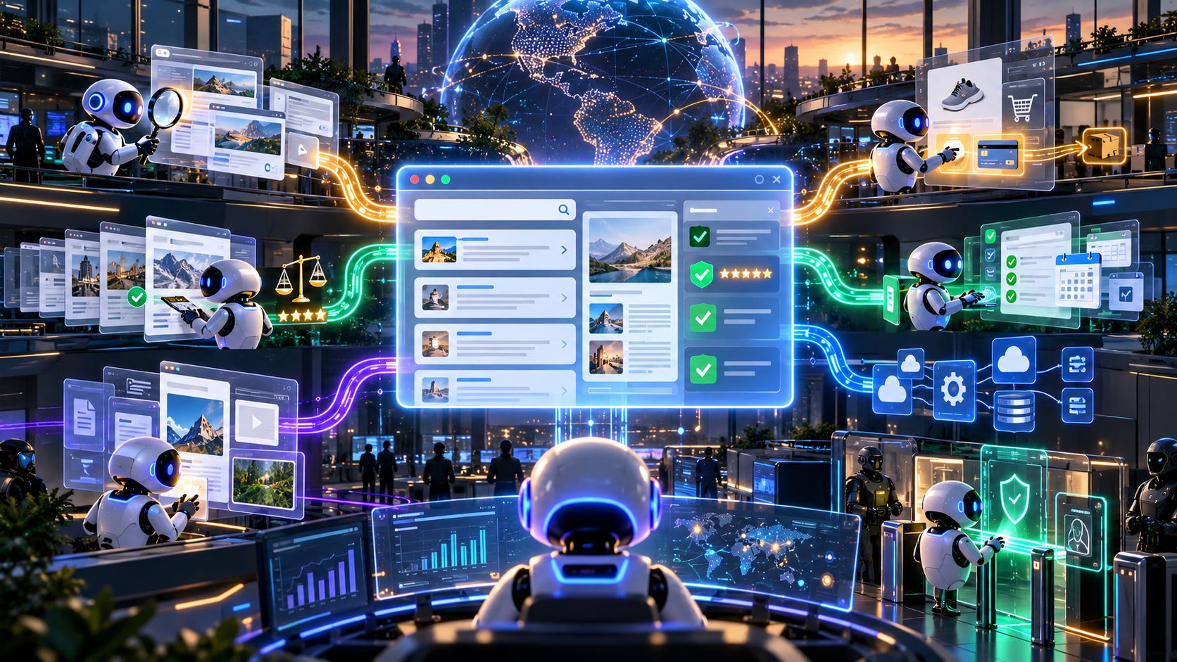Abstract hero image showing AI browser agents navigating search results, security controls and enterprise workflows
