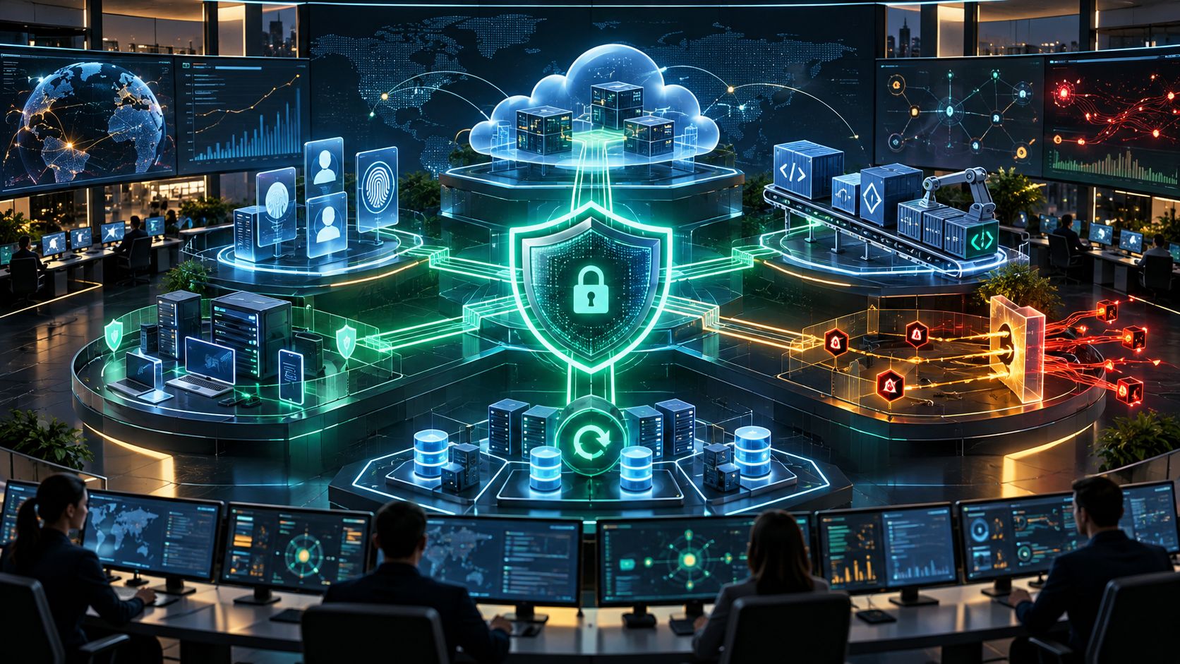 AI-era cyber resilience command center with zero trust identity controls, cloud protection, supply-chain monitoring and recovery systems