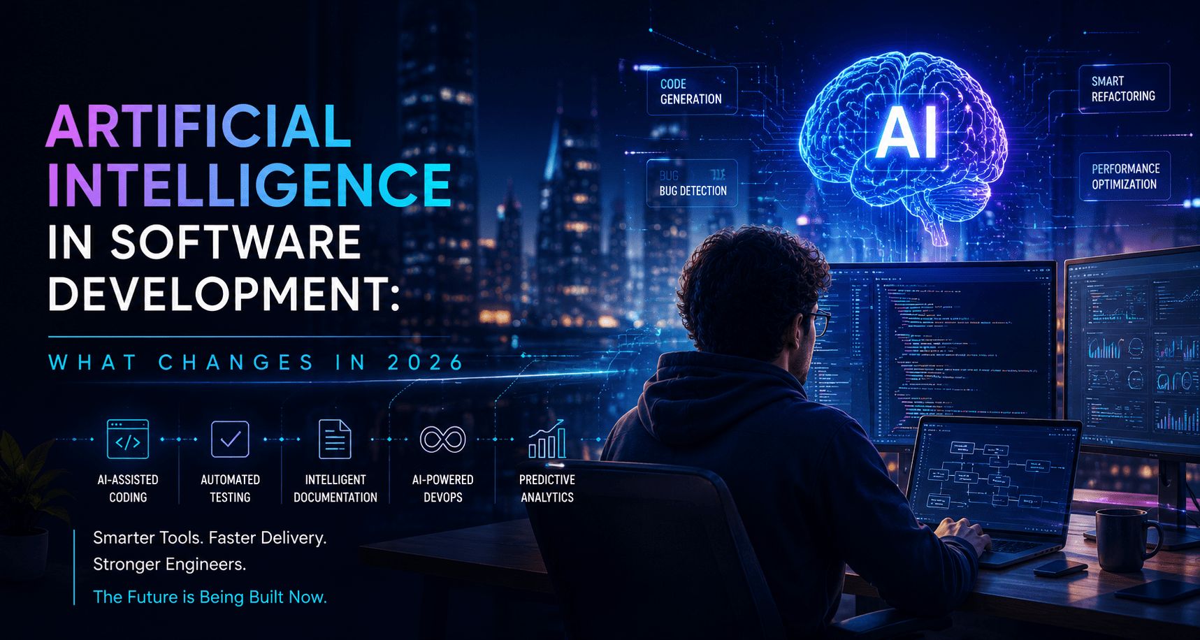 Developer coding in front of a glowing AI brain, with labels for AI-assisted coding, automated testing, documentation and DevOps