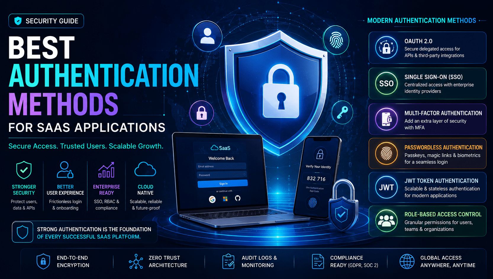 Security shield and padlock over a SaaS login screen, listing OAuth 2.0, SSO, MFA, passwordless, JWT and role-based access control