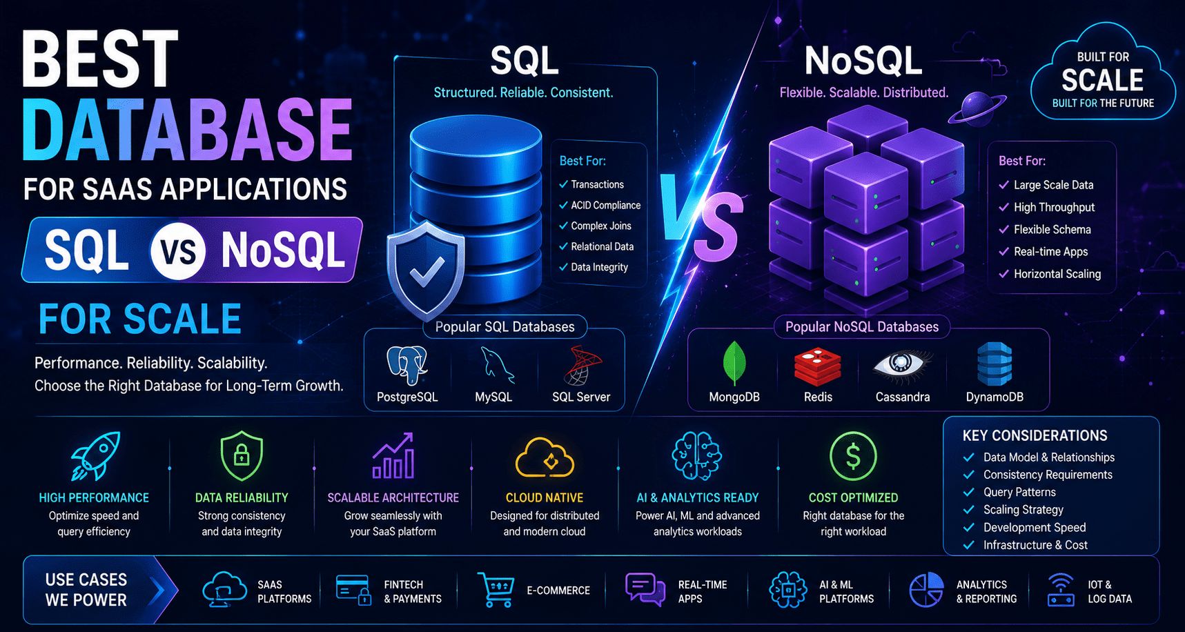 A SQL database cylinder versus a cluster of NoSQL data blocks, with PostgreSQL, MySQL, MongoDB, Redis and Cassandra logos