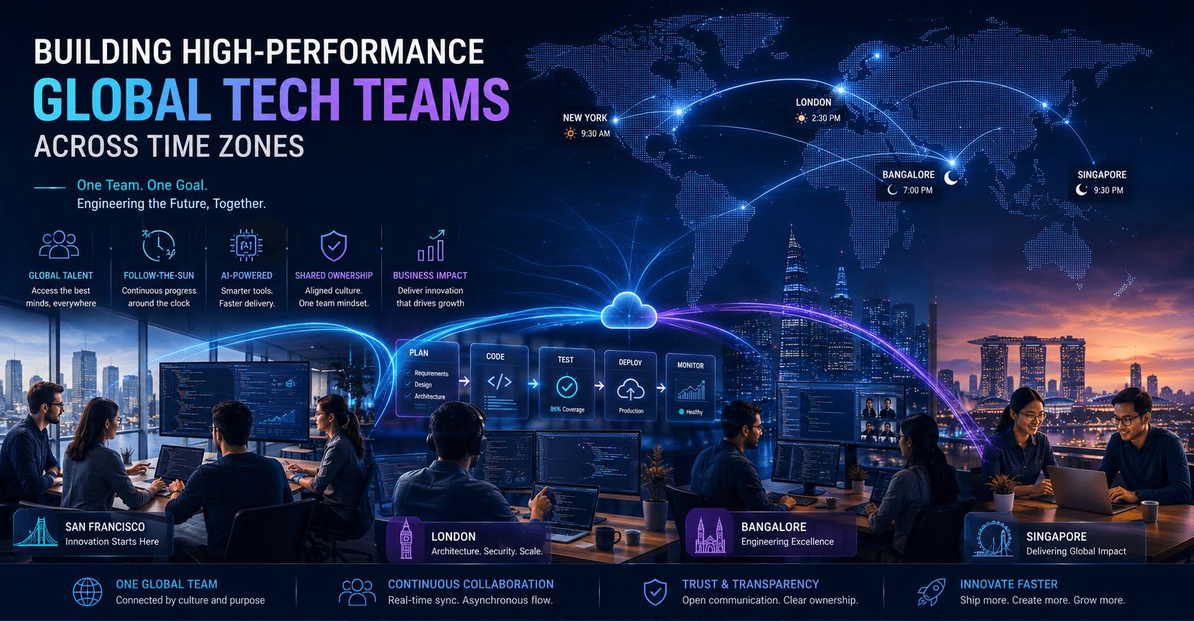 Illustration of one engineering team connected across a world map, with offices in San Francisco, London, Bangalore and Singapore