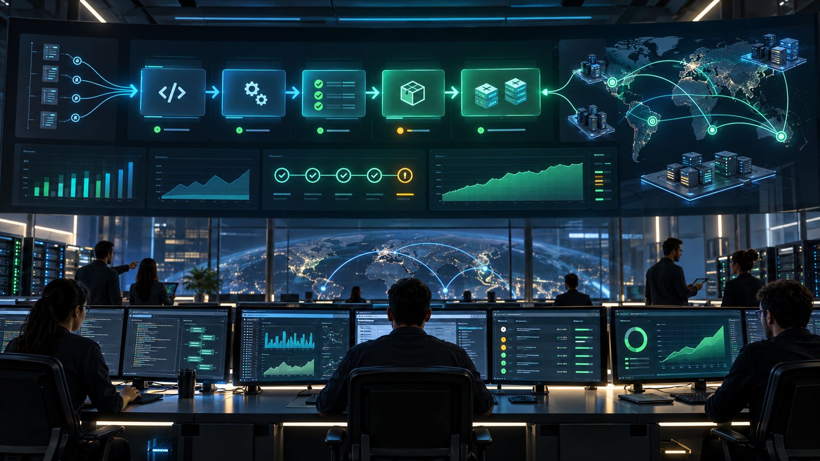 Anonymous commerce release delivery command center with deployment pipeline, quality gates and observability dashboards