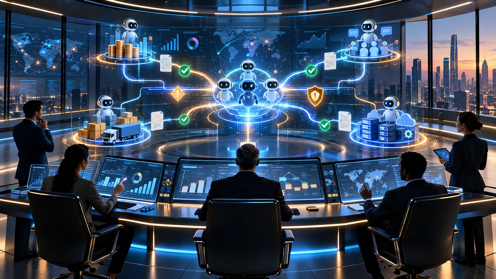 Enterprise command center where agentic AI coordinates workflows, controls and business systems