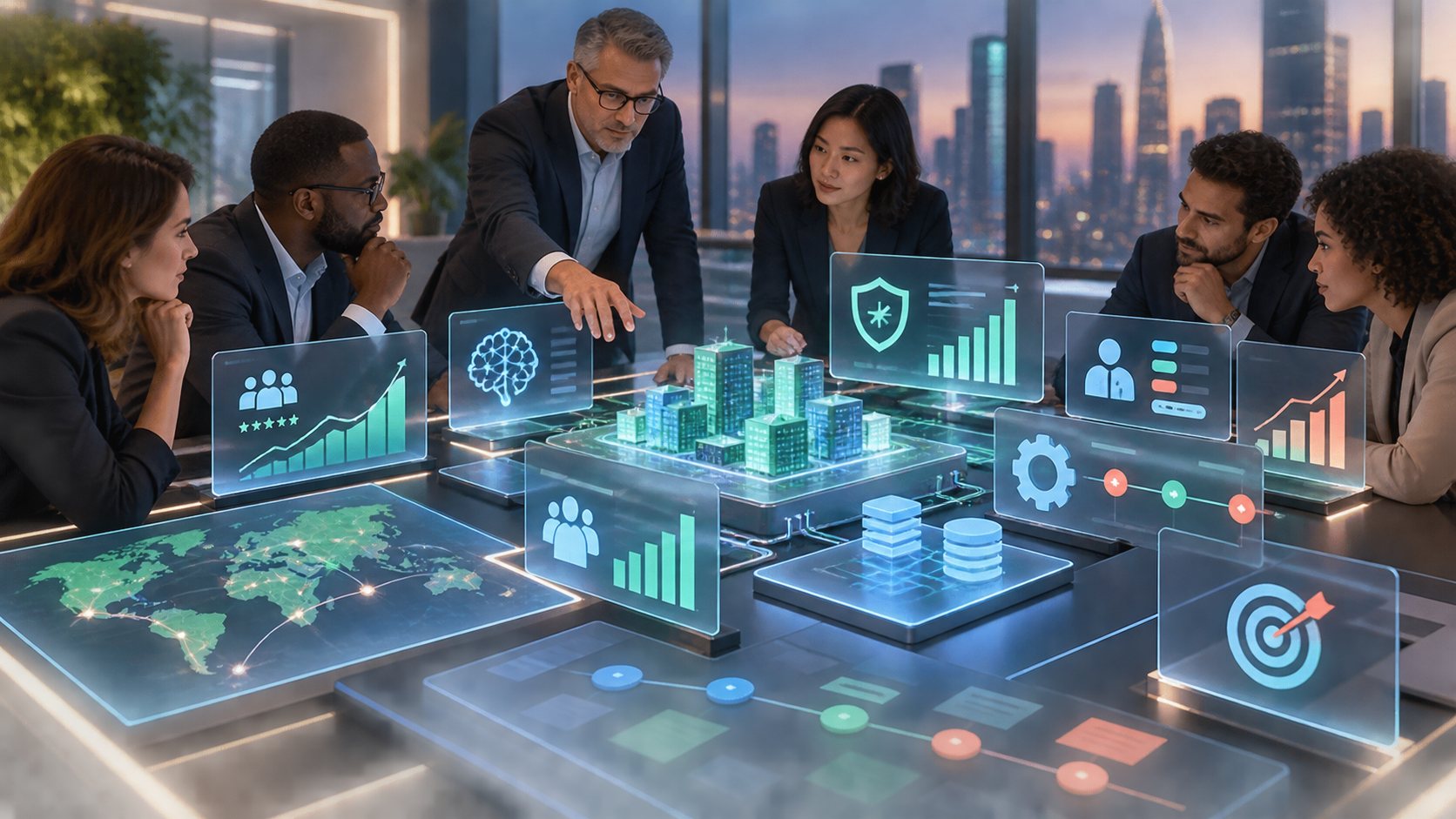 Executives reviewing transformation ROI metrics, risk controls and AI adoption signals on a strategic dashboard