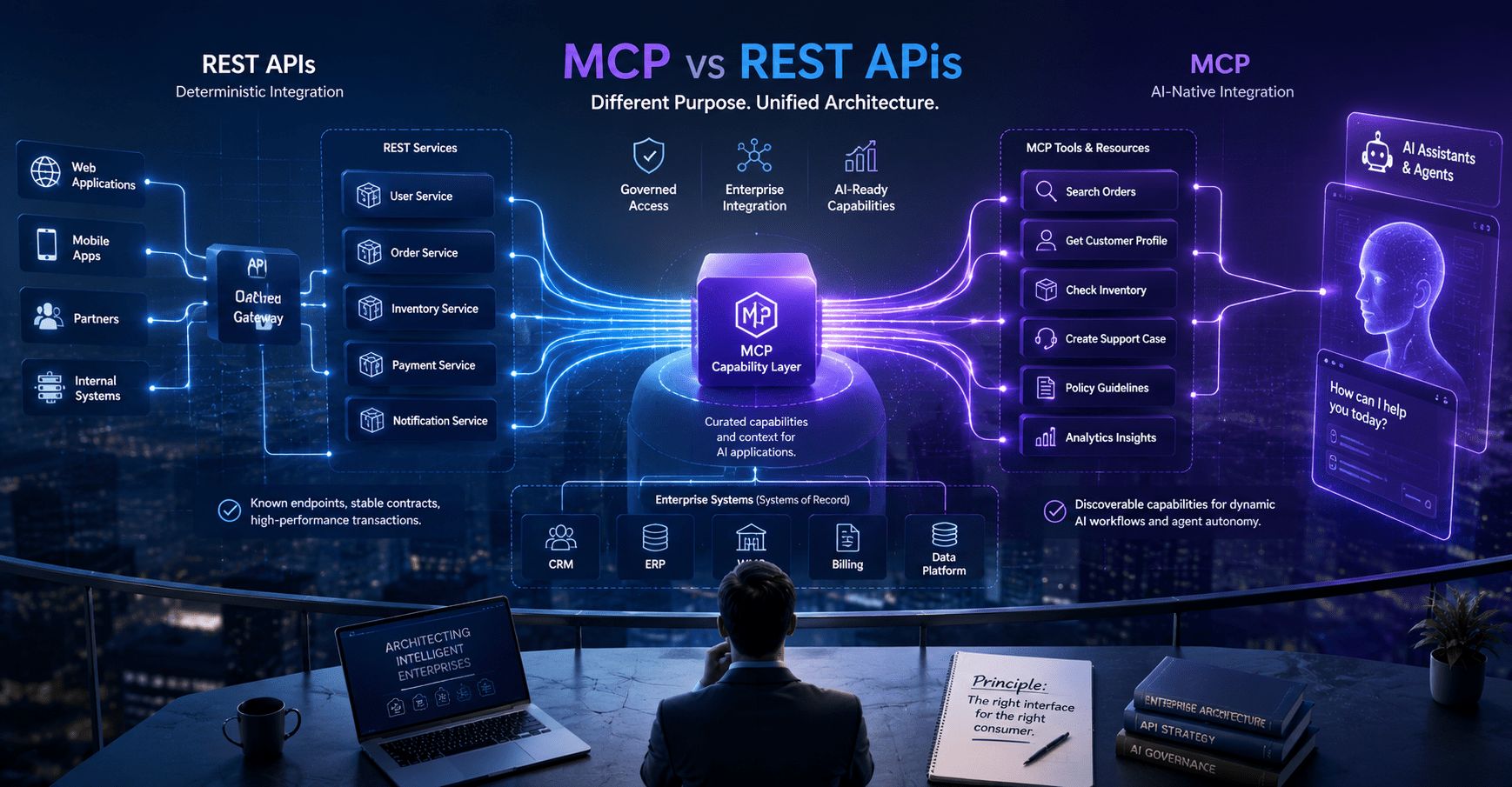 Diagram comparing REST APIs and MCP: applications call services through REST, while AI agents reach business capabilities through an MCP capability layer