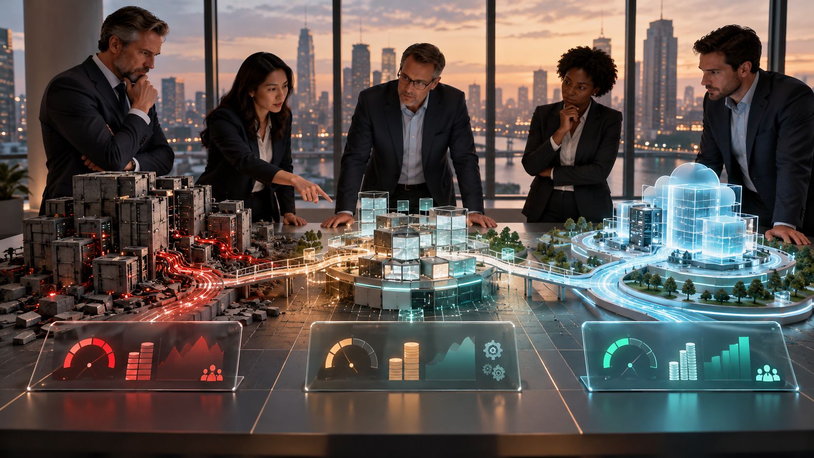 Executives comparing legacy software modernization, replacement and migration options on a strategic technology roadmap