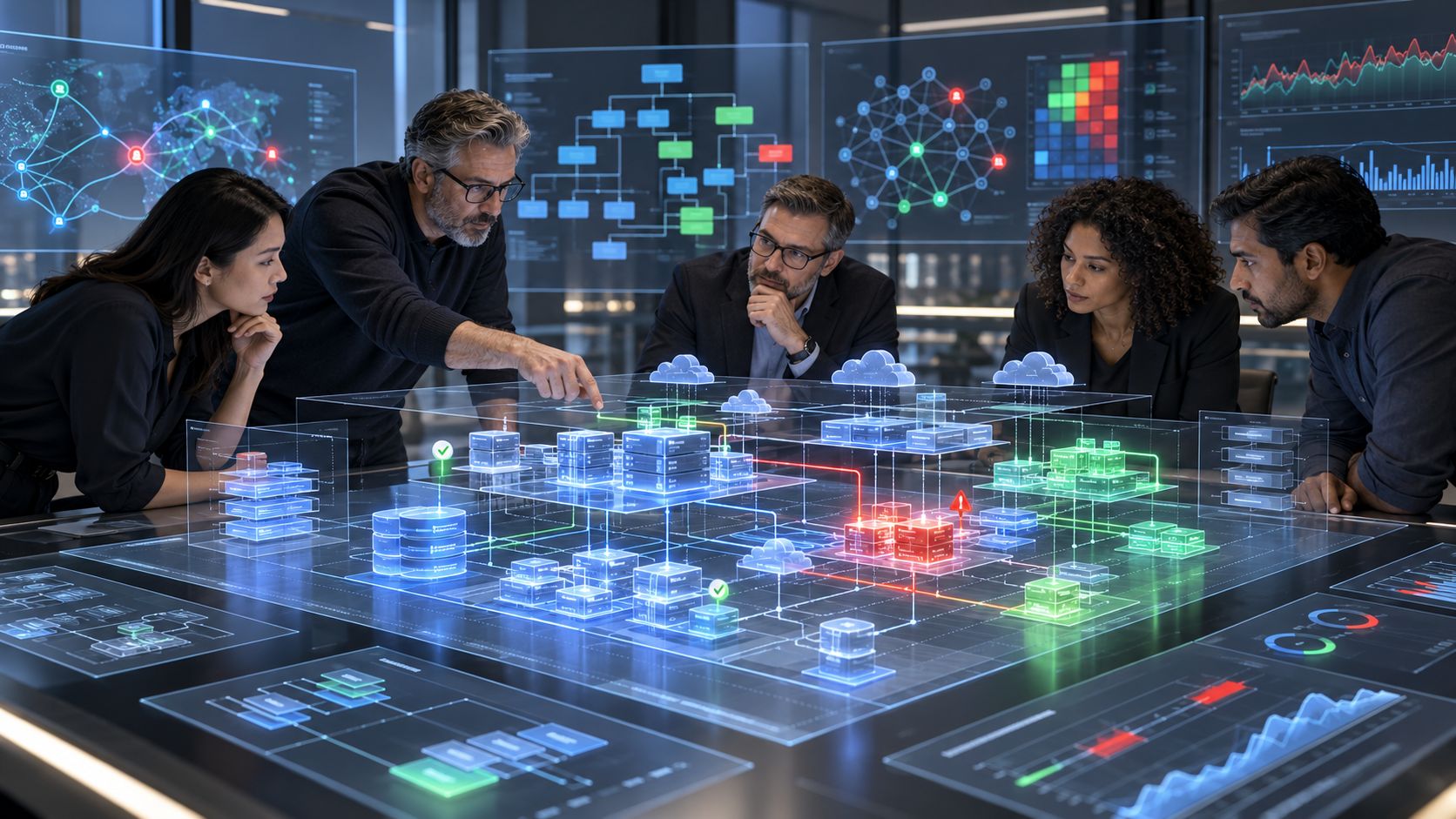 Engineering leaders reviewing software architecture dependencies, risks and performance bottlenecks